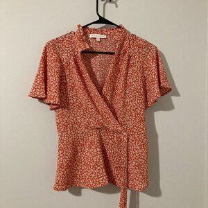 Monteau Womens Size L Floral Orange Pink Synced Waist Blouse Ruffle Sleeves
